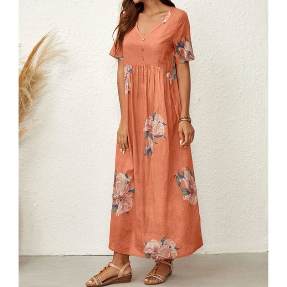 Coral Cotton Floral Maxi Dress - Picture 2 of 9